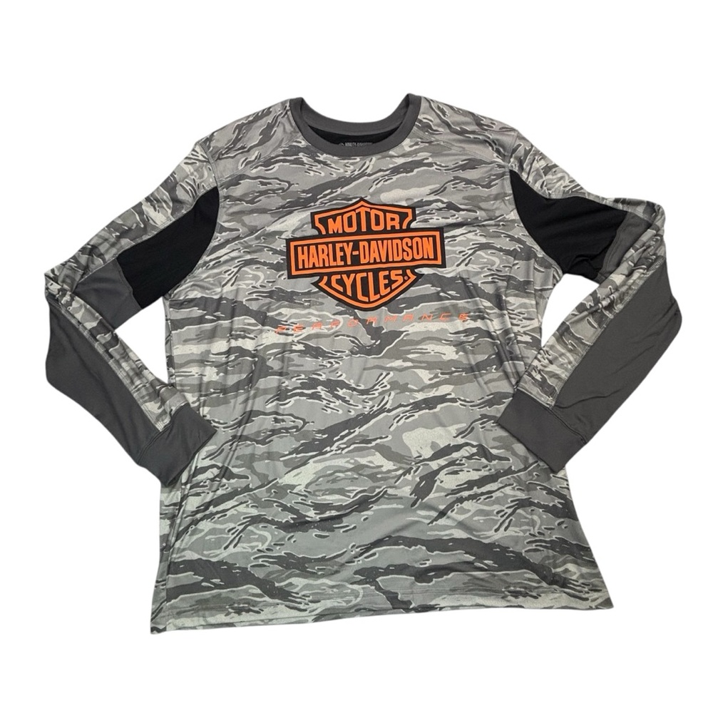 Harley-Davidson Mens XL Gray Camouflage Long Sleeve Orange Logo Performance Tech